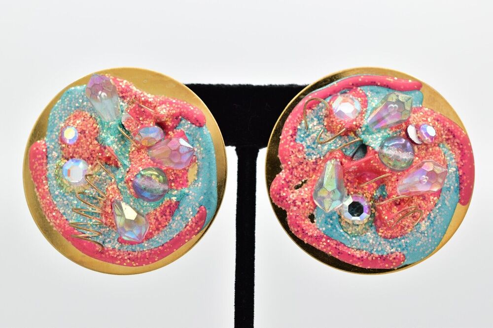 Vintage Chunky Earrings Colorful Abstract Glitter Enamel Crystal 1980s BinBF